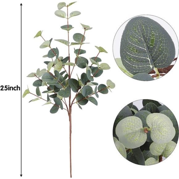 6pcs Artificial Eucalyptus Leaves Stems 25in Tall with 80Leaves FakeSilver Plant - Picture 4 of 7